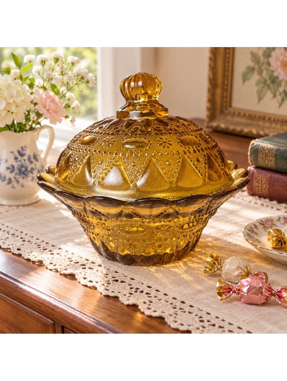 Vintage Kemple Wheaton Amber Glass Candy Dish Lace and Dewdrop 1970s